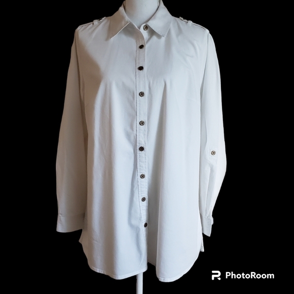 DENIM&CO TUNIC SHIRT WHITE SZ M-L - Picture 2 of 10